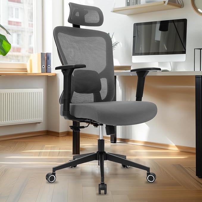 ZYFFHYLAI Ergonomic Office Chair - 350LB Mesh Office Chair with Adjustable Lumbar, High Back Computer Desk Chair with 3D Armrest, Comfy Chair with 2D Headrest & Tilt Function for Study, Work, Gaming