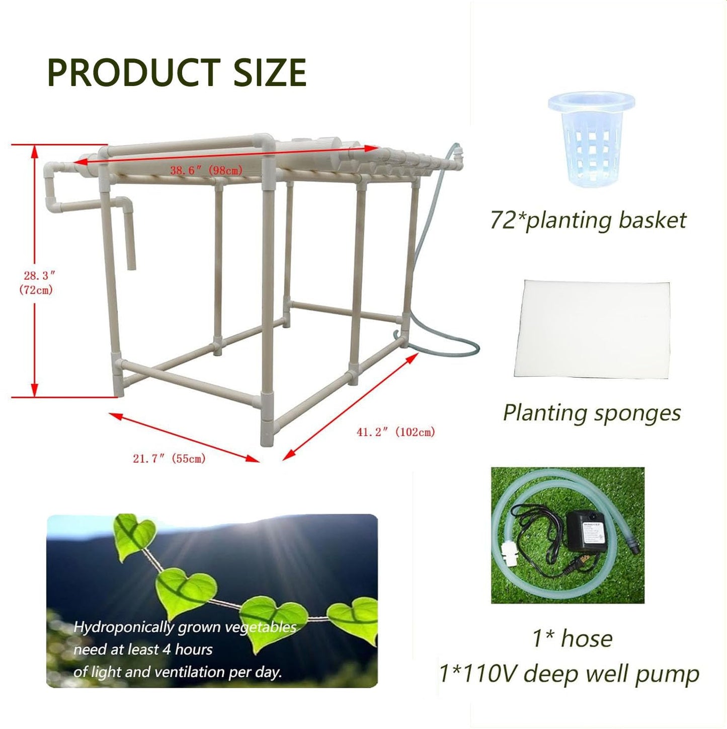 INTBUYING Hydroponics Growing System 72 Holes 8 Pipes 1 Layer Plant Site Grow Kit Hydroponic Gardening System with 110V Water Pump, Nest Basket, Sponge for Leafy Vegetables