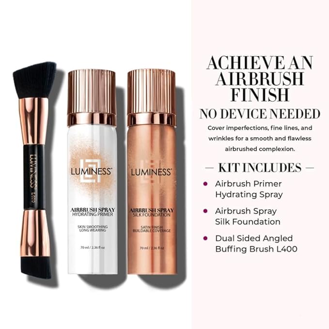 LUMINESS Airbrush Spray Silk Foundation Starter Kit - Light Rich - Foundation, Primer & Dual-Sided Angled Buffing Brush - Medium, Buildable Coverage, Anti-Aging Formula Hydrates & Moisturizes