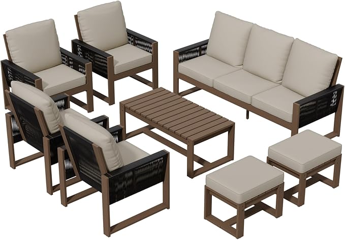 INTER HUT Rustic Hideaway Natural Cedar Wood Outdoor Furniture Set, Wicker Patio Conversation Set for Porch Garden Backyard, Couch, 4 Patio Chairs, Table and 2 Ottomans, 8 Piece, Brownish/Beige