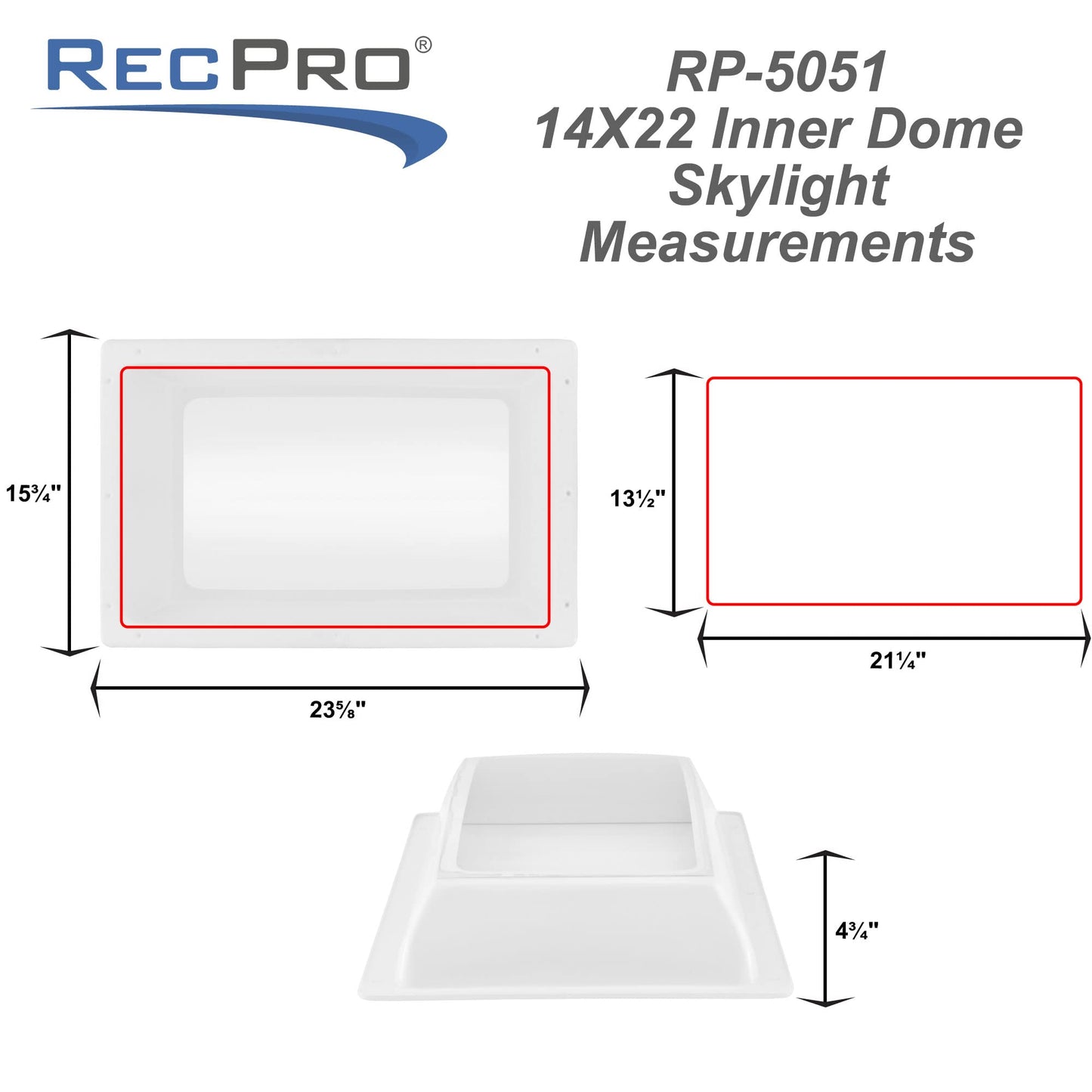 RecPro RV Skylight Inner Dome with Clear Window | 14" x 22" Universal Inner Skylight