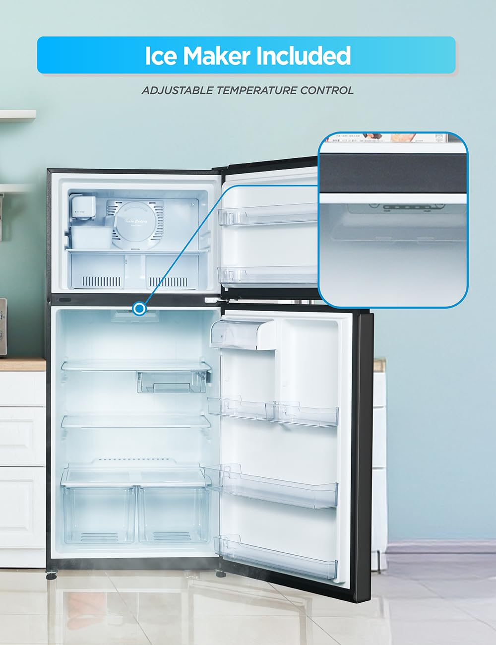 Commercial Cool 18 Cu. Ft. Top Mount Refrigerator with Ice Maker, 2-Door Refrigerator with Top Freezer, Freezer with Icemaker and Adjustable Temperature Control, Energy Star Certified, Black