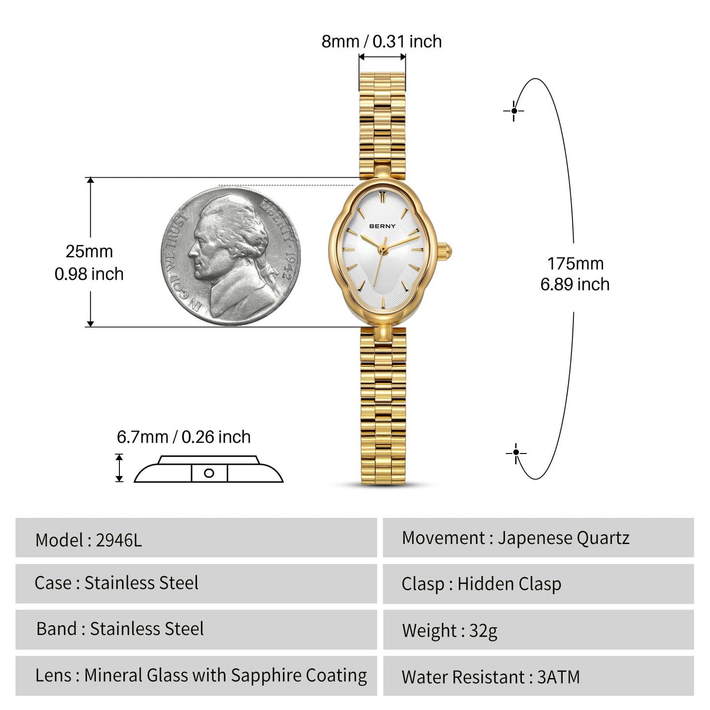 BERNY Gold Watches for Women Dainty Ladies Quartz Watch Vintage Copper Mirrors Shape Japanese Quartz Movement 3ATM Waterproof Fashion Female Wrist Watch Luxury Birthday Gifts-White Dial