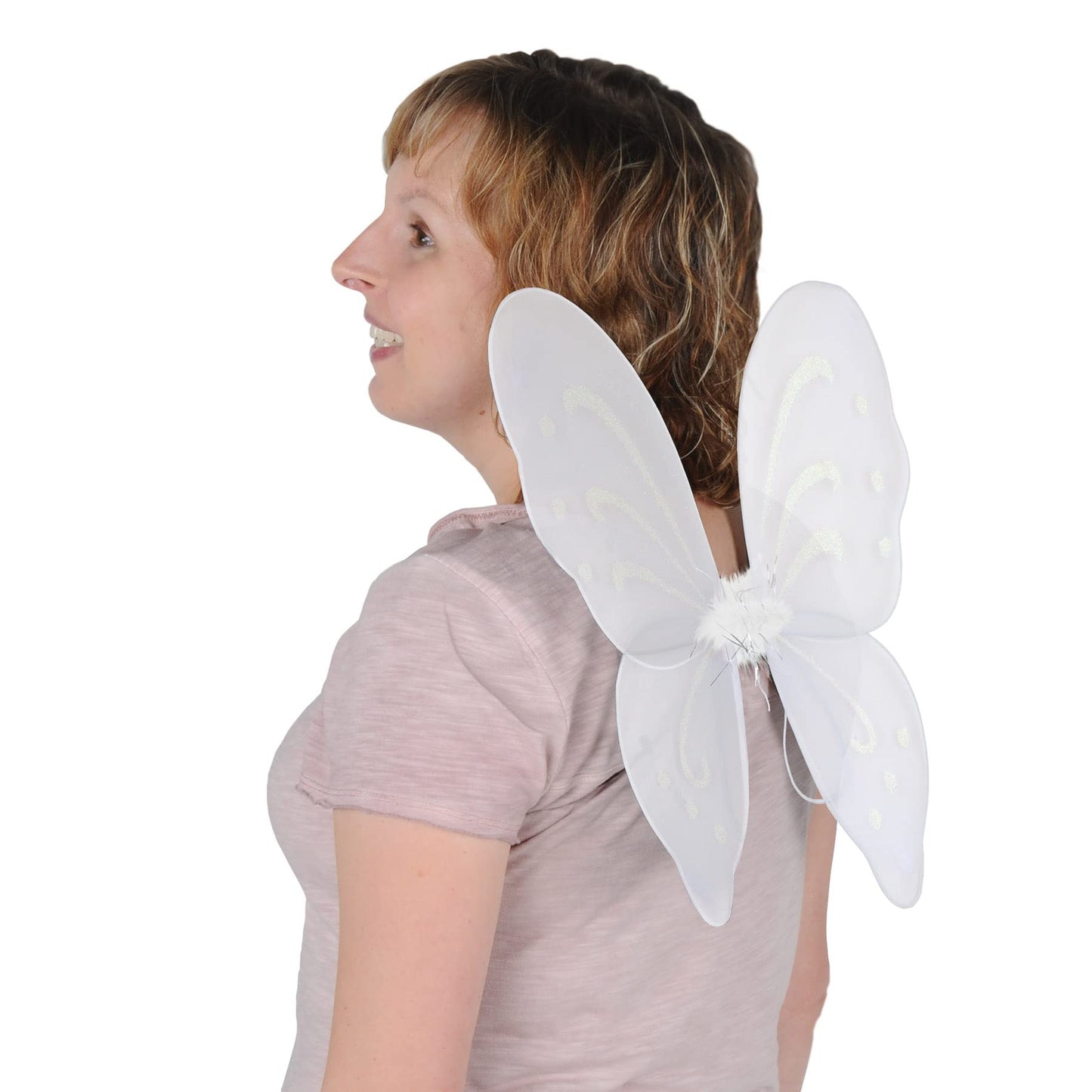 Beistle Set of 2 Fairy Wings, Halloween White Nylon Butterfly Wings with Elastic Armbands, Fantasy Cosplay Costume Accessory, 14.5” x 16”, One Size
