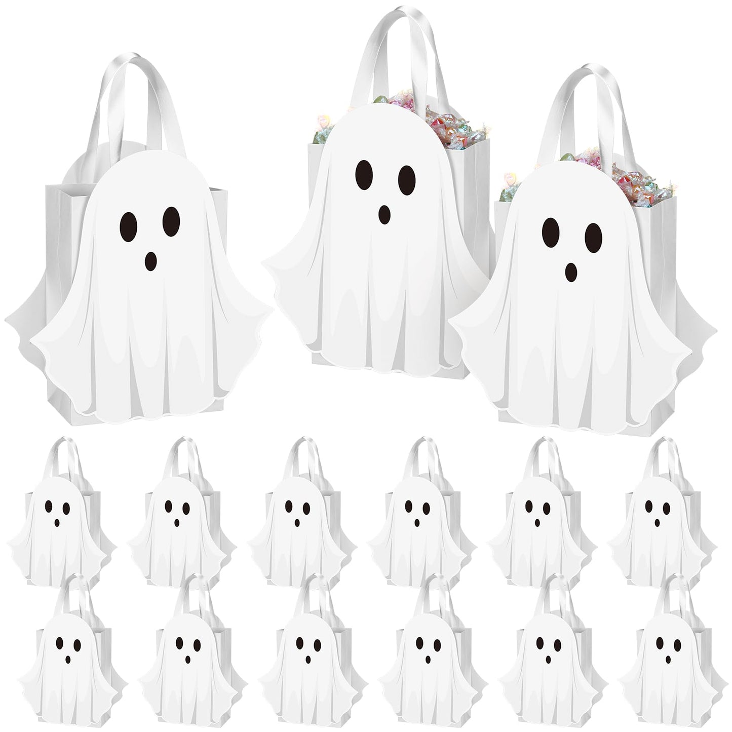 Sweetude 12 Pcs Halloween Ghost Paper Gift Bags Party Favor Bags with Handle for Trick-or-treat Candy Goodie Pastel for Halloween Spooky Birthday Holiday Party Supplies