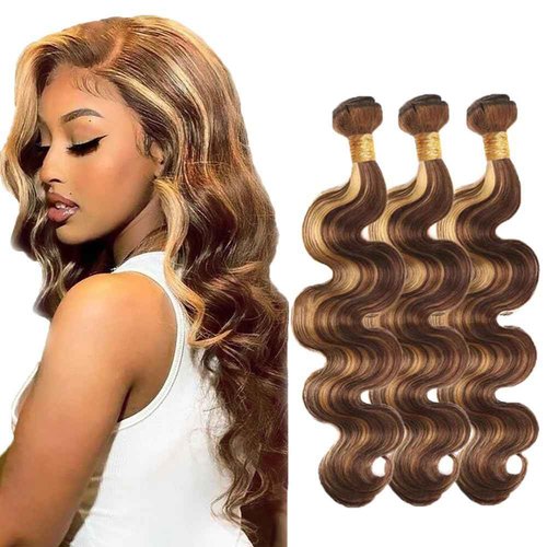 P4/27 Highlight Brown Bundles Body Wave Bundles Human Hair 30 32 34 Inch Unprocessed Brazilian Virgin Weave Hairs Blonde 3 Bundle 50 Gram Per Bundle Human Hair Extensions