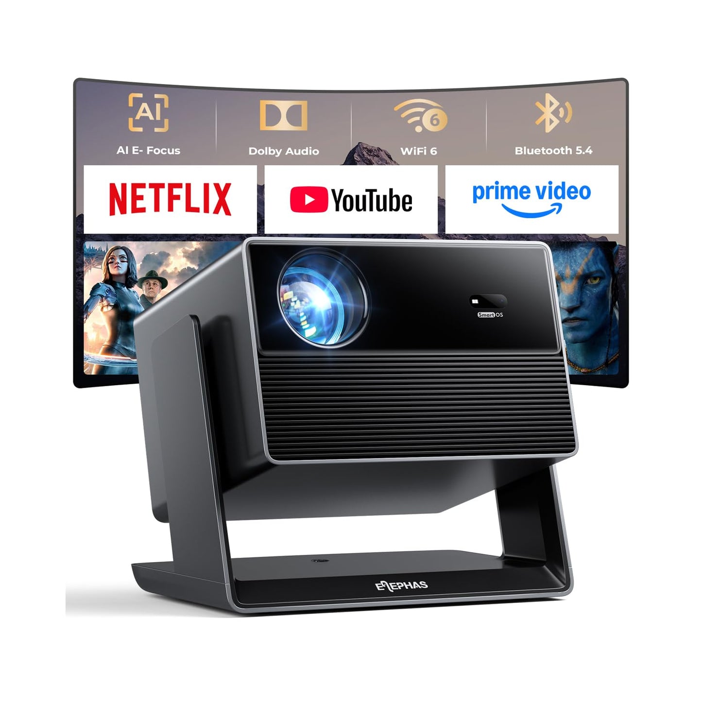 ELEPHAS Smart 4K Projector with WiFi and Bluetooth - Compatible with Netflix/Prime Video/YouTube, 270° Rotatable, AI Auto Focus & Keystone, Portable Home Theater Movie Projector for Indoor Outdoor