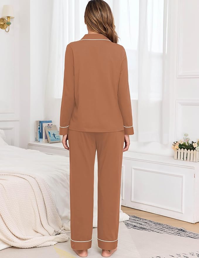 Veseacky 100% Cotton Pajamas for Women Set Long Sleeve Button Down Sleepwear Soft Pjs Lounge Sets with Pockets XS-XXL