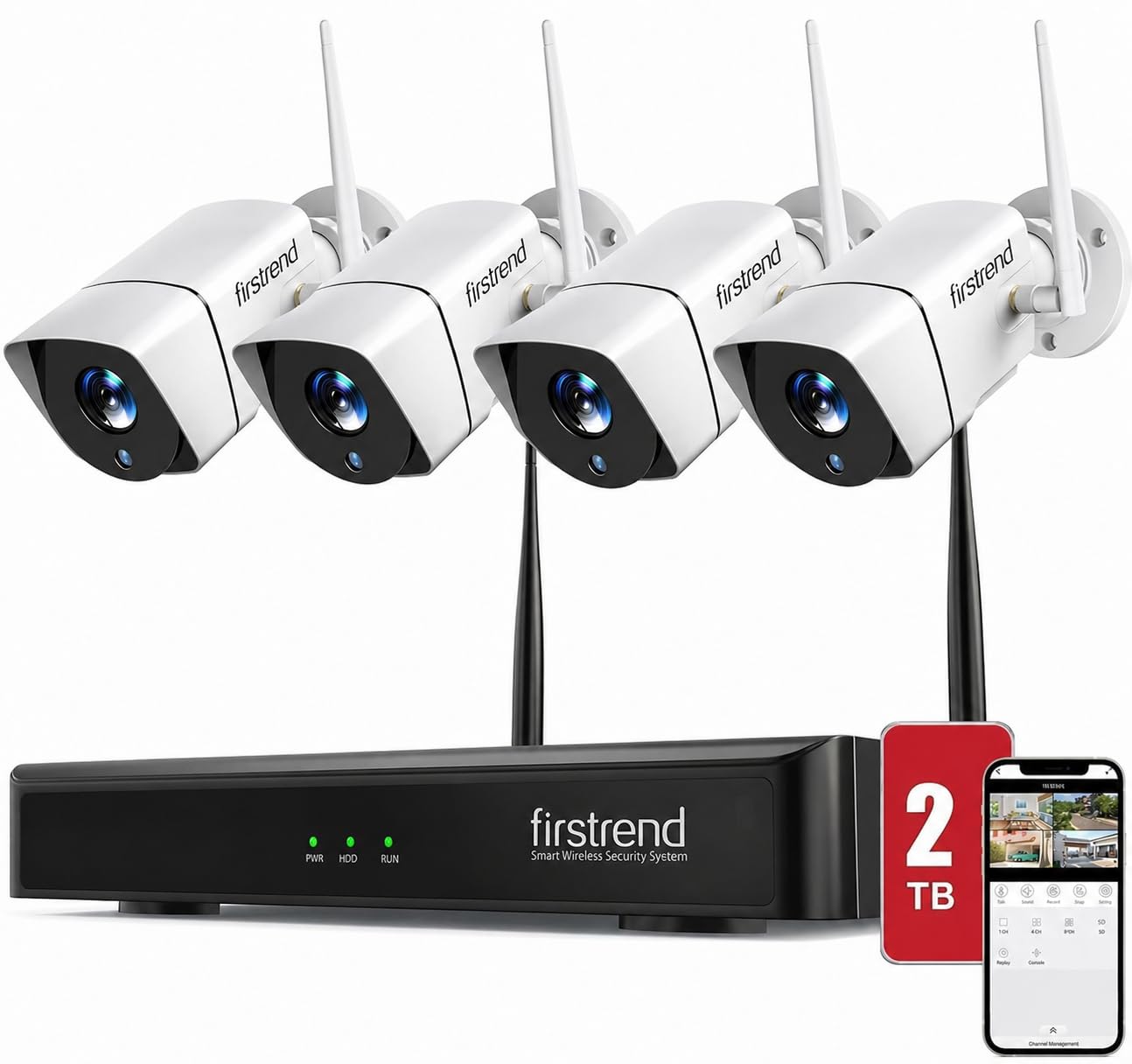 (2026 New) Firstrend WiFi Wireless Security Camera System, Wireless NVR System with 4pcs Security Bullet Camera and 2TB HDD, 2-Way Audio, AI Human Detection,Night Vision and 24/7 Recording