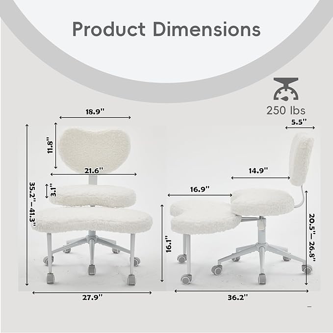 Meditation Chair with Wheels, Ergonomic Criss Cross Chair, Adjustable ADHD Floor Sitting Chair, Swivel Cross Legged Office Chair with High Back, Kneeling Posture Chair, Plush Faux Fur Fabric（Beige）