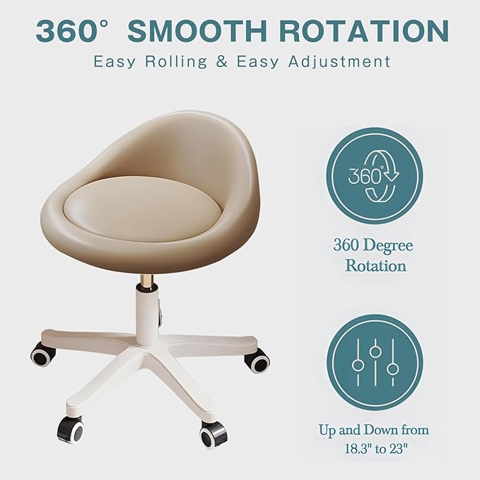 Walktory Round Rolling Stool with PU Leather Low Backrest, Hydraulic Height-Adjustable Swivel Chair for Spa, Salon, Tattoo, Massage, or Medical Office