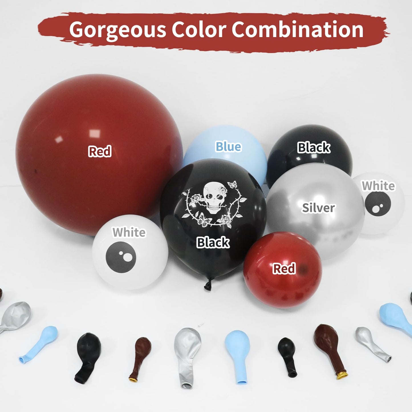Halloween Balloon Garland Arch Kit, JZCZOEB 133Pcs Double Stuffed Red Black Blue Chrome Silver Balloons for Rose Skull Gothic Spooky Horror Theme Birthday Baby Shower Halloween Party Decorations