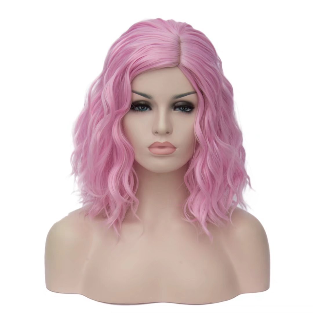 BUFASHION 14 Women Short Light Pink Kinky Straight Cosplay Synthetic Wigs With Air Bangs 46 Colors Available (Light Pink)