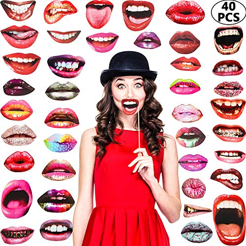 Party Photo Booth Props, Funny Mouth Lips Photo Booth Prop, Funny Mouth DIY Set with Wood Stick Selfie Props Accessories f...