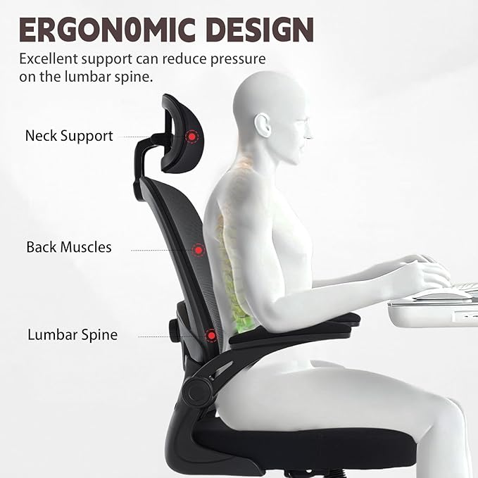 Rishtivin Ergonomic Office Chair with 3D Adjustable Lumbar Support, Mesh High Back, 75° Rotating Headrest, Rocking Function, 300lbs Capacity, Black/White (Black)