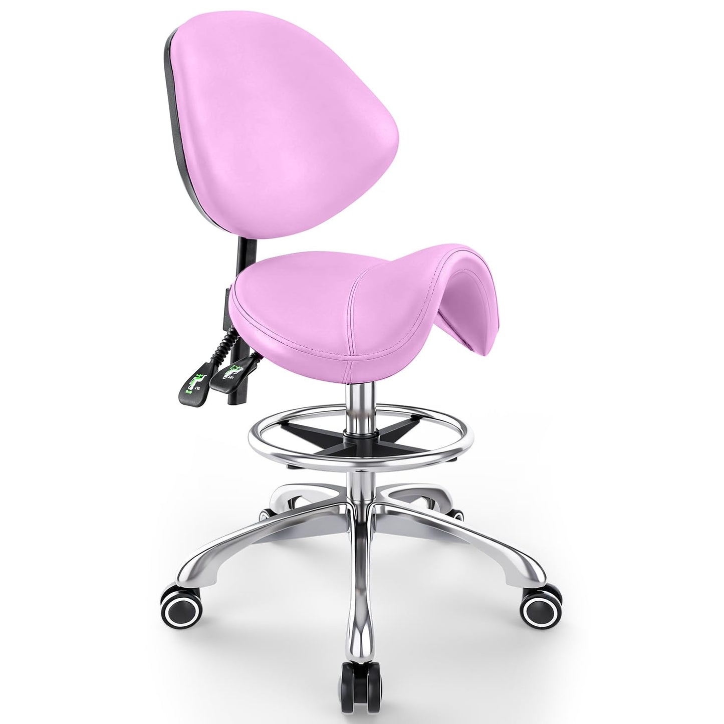 Saddle Chair with Back Support - Tilted Backrest, Adjustable Foot Rest, 350 LBS Capacity Ergonomic, 360° Swivel Drafting Chair for Salon, Spa, Massage, Tattoo, Facial lash, Home,（Macaron Purple）