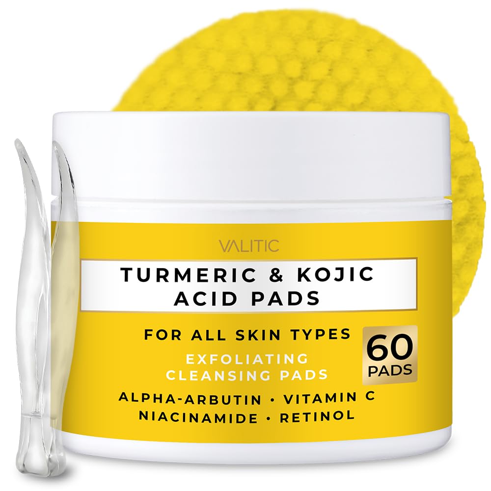VALITIC Turmeric Kojic Acid Cleansing Pads - Exfoliating Dark Spot Remover for Face with Vitamin C, Alpha Arbutin, Niacinamide a