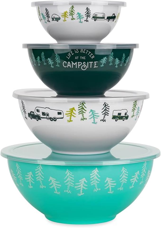 Camco Nesting Bowl Set with Lids - Features Life is Better at The Campsite Design - Camping Dishware Set Includes 4 Durabl...