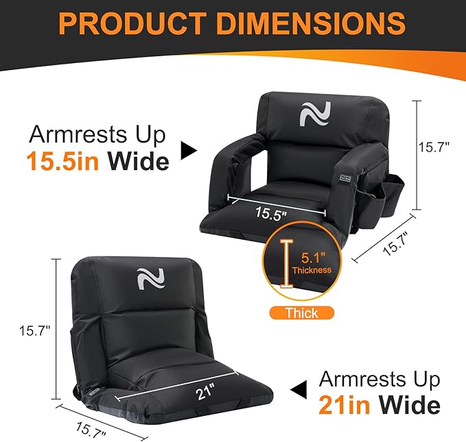 NAIZEA Wide Heated Stadium Seat for Bleachers w/Back Support & Cushion, Portable Bleacher Seats Foldable Stadium Chair with Armrests for Sports Events, Outdoor, Camping, Hiking-No Power Bank