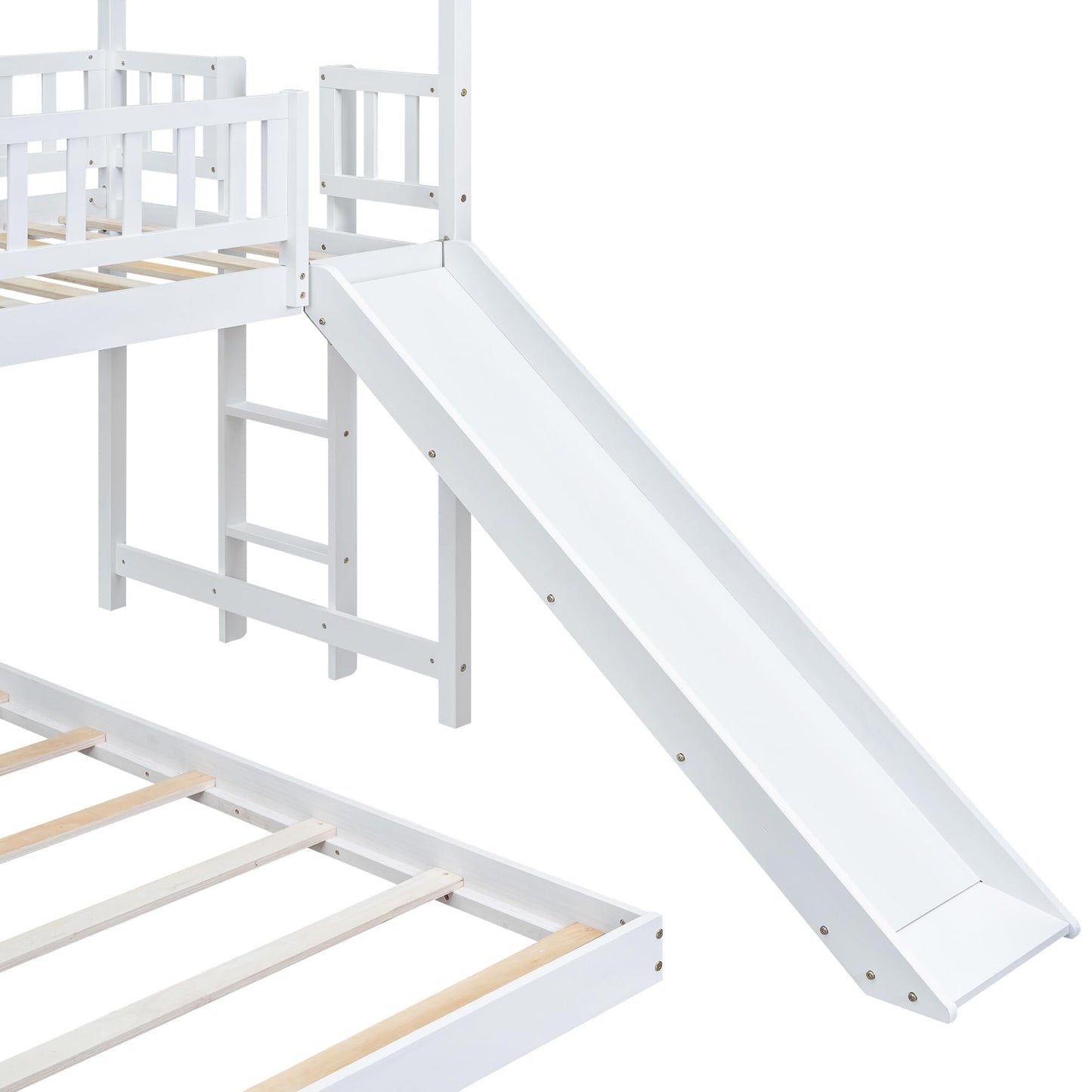 SOFTSEA Wooden House Bunk Bed with Slide and Built-in Ladder, Twin Over Full Wooden Bunk Bed Frame with Full-Length Guardrail, for Girls Boys Bedroom, No Box Spring Needed, White