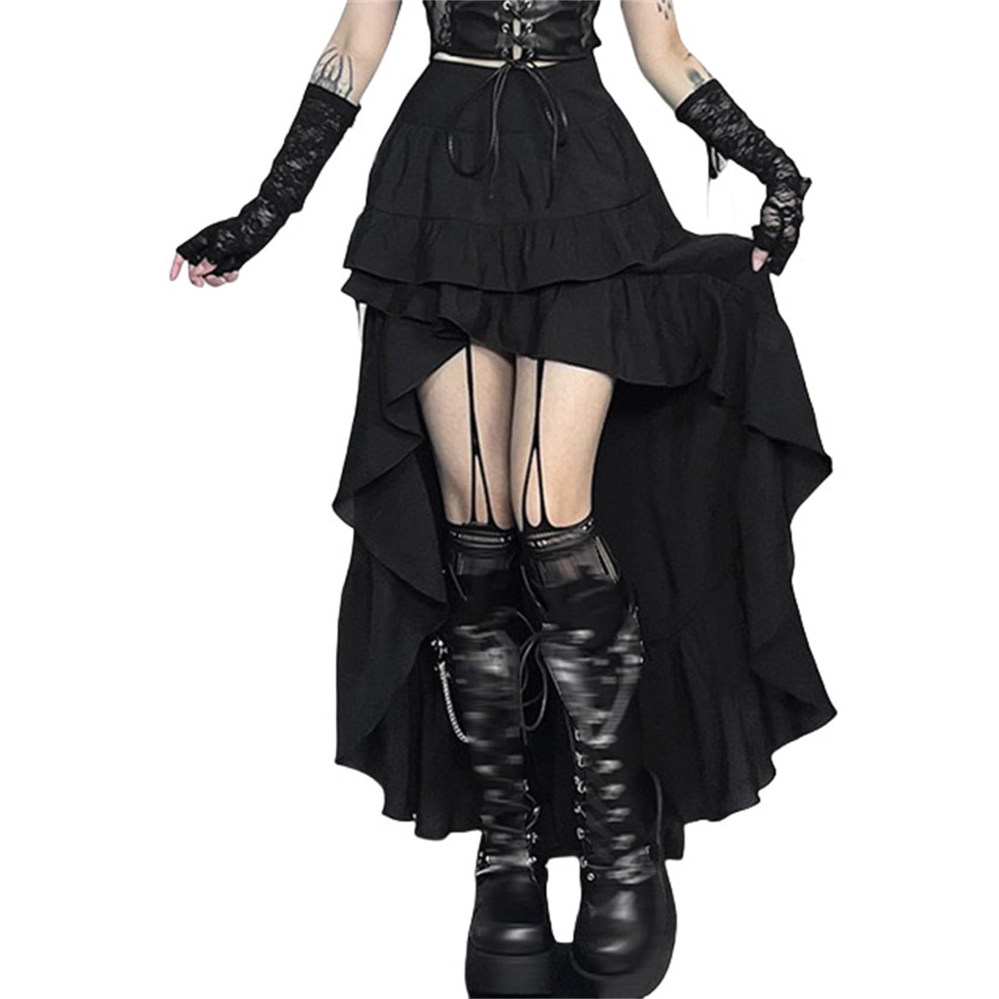 Twfsgirl Goth Long Maxi Skirts Women Y2k Black High Low Punk Emo Ruffle Tiered