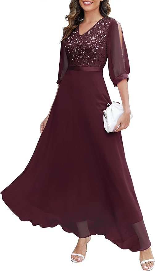 Wedtrend Women's Sequin Dresses Sparkly Glitter Dress Split Sleeves Formal Dresses Maxi Evening Dress