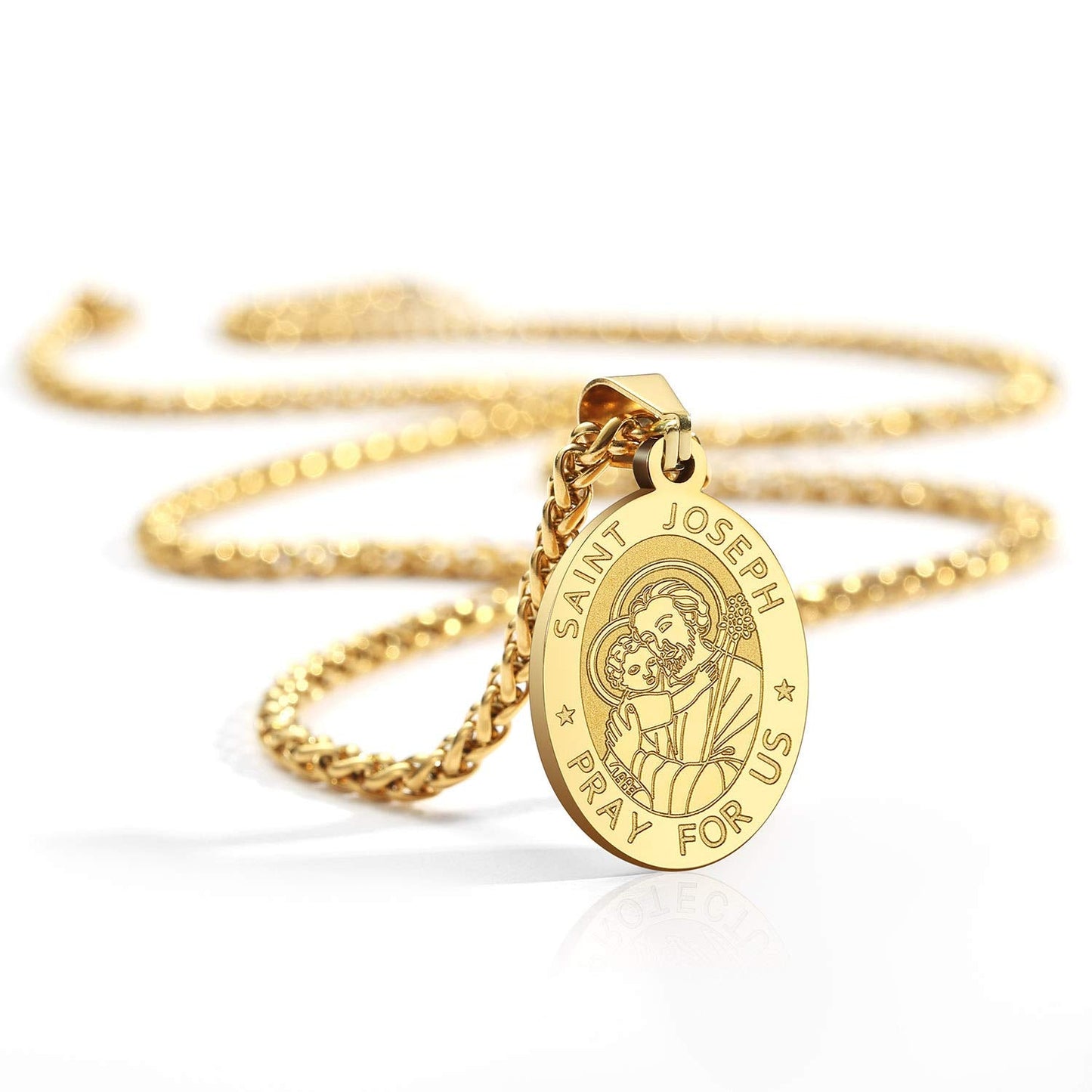 Zocomi 18K Gold Plated Saint St Joseph Medal Necklace for Men Boys, St. Joseph Pendant Chain Jewelry Catholic Christian Religiou