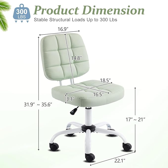 VINGLI Compact Small Desk Chair, Cute Armless Chair with Wheels, Vanity Chair with Low Back, Height Adjustable Task Chair for Small Spaces, Office, Bedroom, Make Up Room, PU Leather, Mint Green