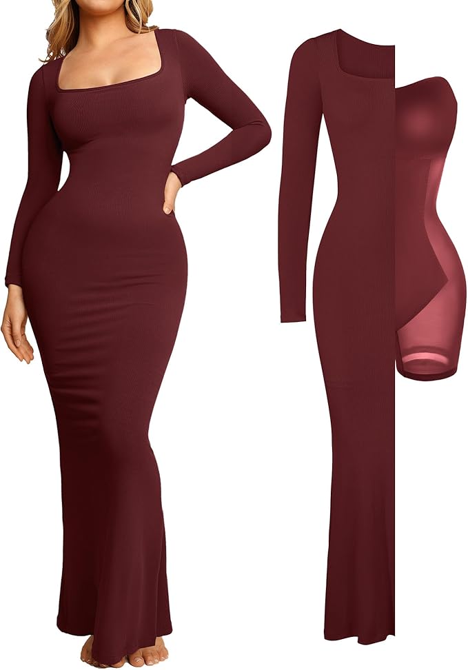 Popilush Women's Long Sleeve Maxi Dress Built-in Shapewear Bra Square Neck Fall Formal Wedding Guest Cocktail Bodycon Dresses