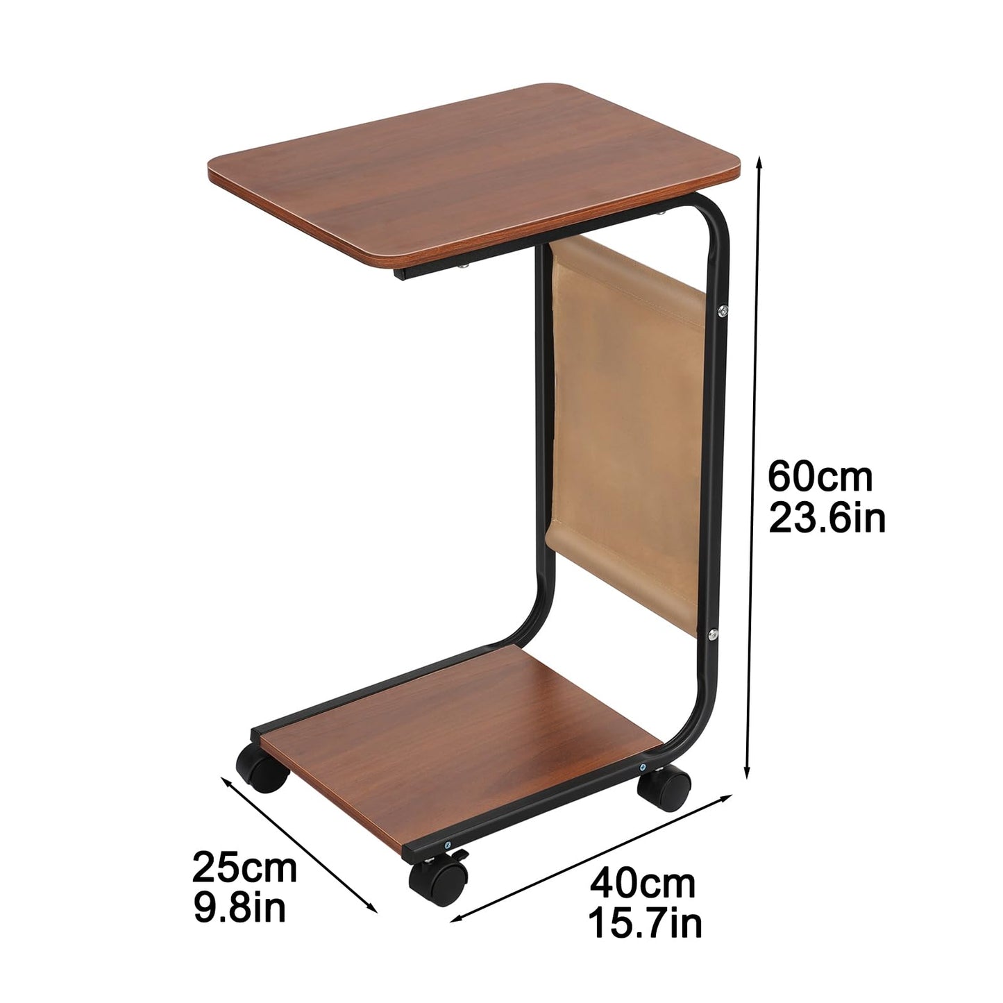 diowewea C Shaped End Table, Adjustable Height Side Table for Small Spaces, C Table with Wheels, Couch Table with Storage Shelf and Fabric Storage Bag, Side Table for Sofa Living Room Bedroom Brown