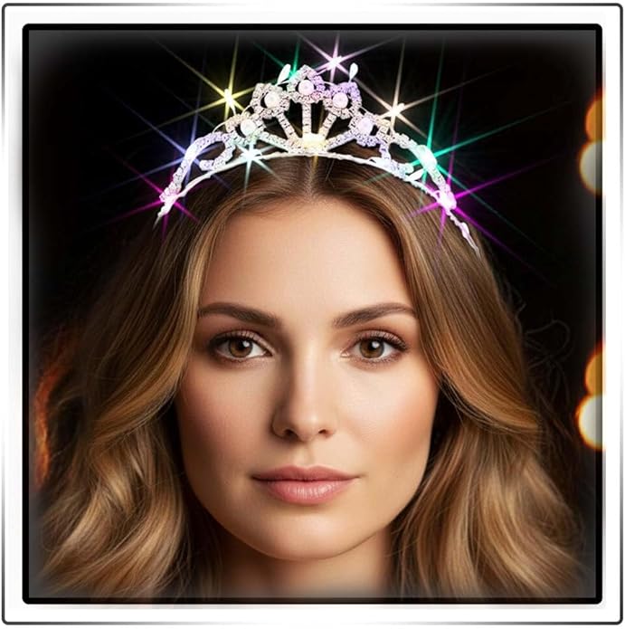 JEWEKY Light up Rhinestone Tiara Silver Princess Crown Birthday Party Headband for Women