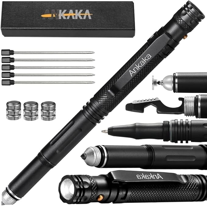 The Most Loaded 7-in-1 Tactical Pen: Solves Others Weaknesses, Self Defense Tip + Flashlight + Ballpoint + Stylus + Bottle...