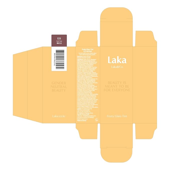 Laka Fruity Glam Tint, 4.5g/0.15oz, Glowing Lip Stain with Wide Color Spectrum, Hydrating & Lightweight Texture, Buildable Color, Non-Sticky, Vegan, K-Beauty (#121 Ashnut)