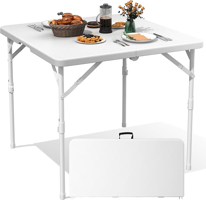 TRINEAR 34" Folding Card Table, Square Plastic Foldable Outdoor Dining Tables, Fold in Half w/Handle, Portable with Collap...