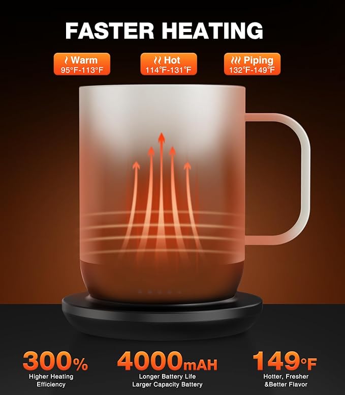 Kepwam Self Heating Coffee Mug T1-16oz Fast Heating & Ultra Long-Lasting Battery Life, Heated Coffee Mug Up to 149℉ - Touch & App Controlled Coffee Mug, Birthday Gifts for Women and Men
