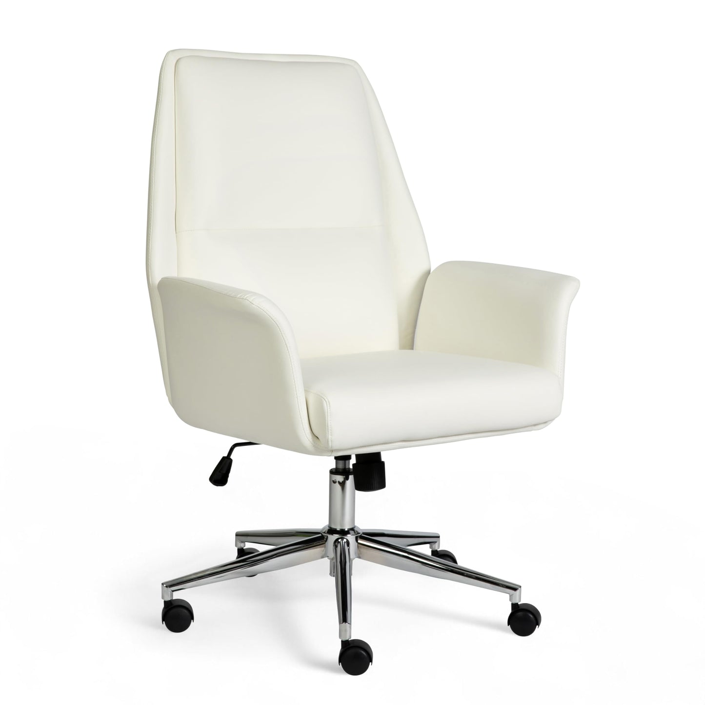 Martha Stewart Maxine Swivel Task Chair with Flared Armrests for Home Office in White Faux Leather with Polished Nickel Frame
