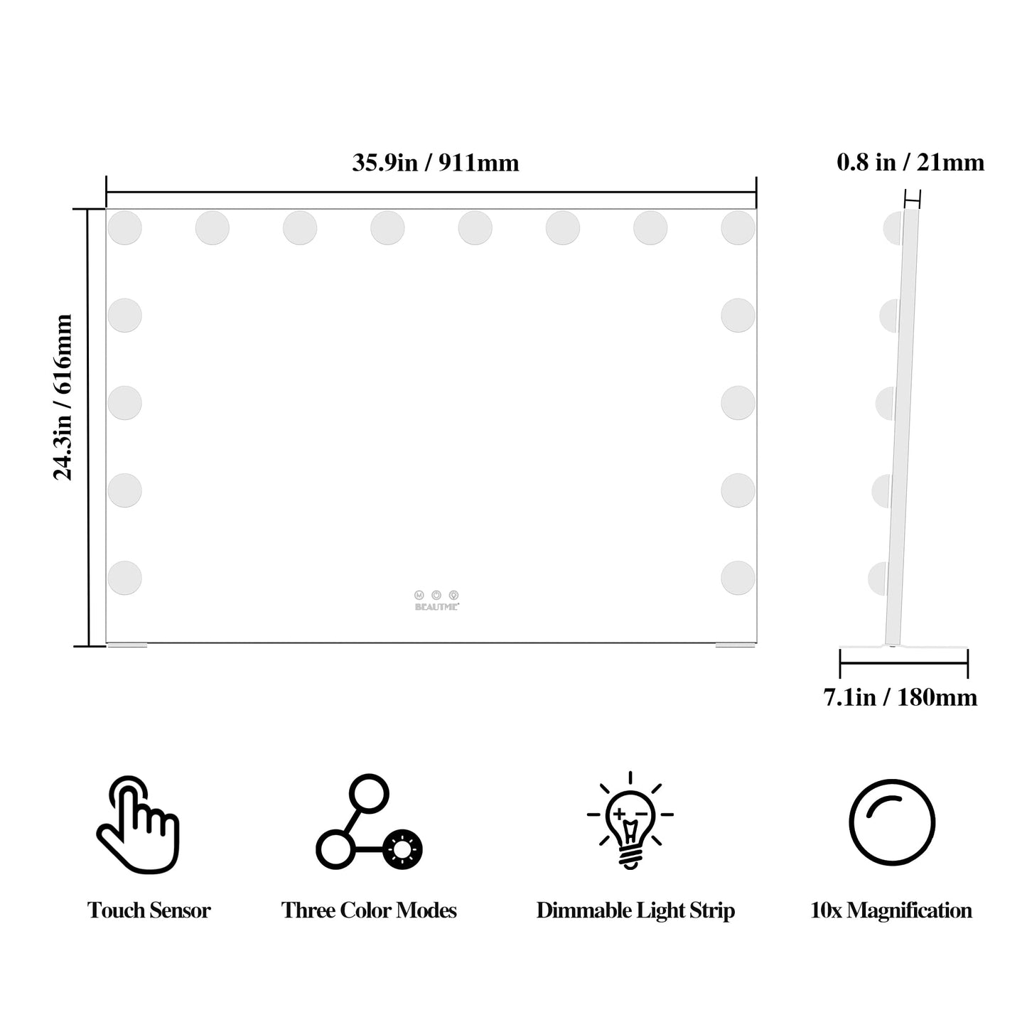 BEAUTME Large Vanity Mirror with Lights, 35.9''×24.3'' Hollywood Makeup Mirror with 16 Dimming LED Bulbs, 3 Lighting Modes, Touch Control, Tabletop or Wall Mounted, Black