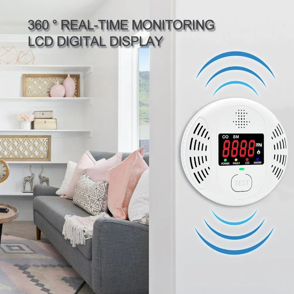 Carbon Monoxide Detector and Smoke Alarm Combined with AA Battery Powered high-Definition Color Screen Detector LCD Digital Display for Home Office Kitchen Hotel Bedroom Voice Alarm 2PACK