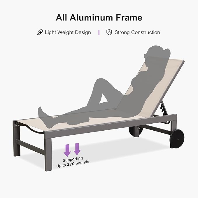 PURPLE LEAF Outdoor Lounge Chair Set for 2 Patio Chaise Lounger with Aluminum Frame and Easy-to-Move Wheels All-Weather Pool Lounge Chairs for Outside Garden Yard Poolside Table Included, Khaki