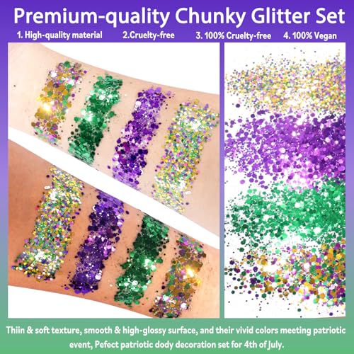 Allstarry Mardi Gras Face Glitter, 4 Colors Chunky Body Glitters Purple Green Gold Face Glitter Eyeshadow Makeup Hair and ...