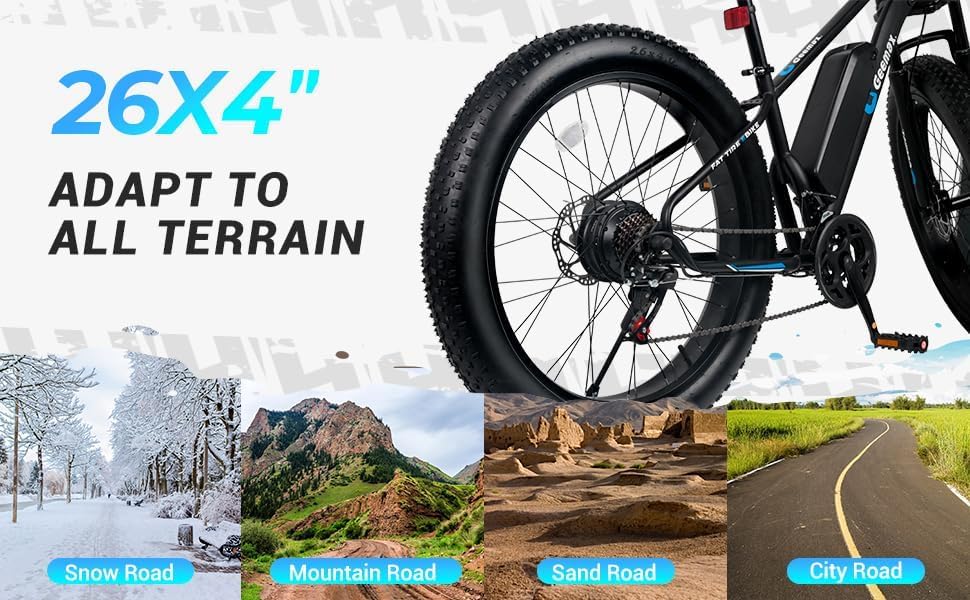 Geemax Electric Bike for Adults, 26" x 4.0 Fat Tire Ebike, 500W (Peak 750W) 36V 10.4Ah Lithium Battery Electric Bicycle, 25MPH, 21-Speed, Up to 35 Miles for Commuting, Beach, Snow