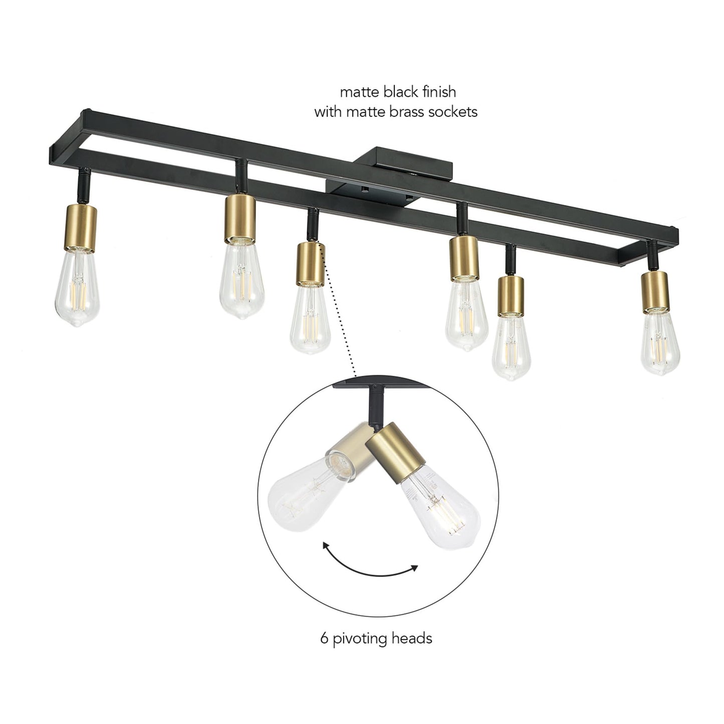 GLOBE Electric 64000096 36" 6-Light Track Lighting, Matte Black, Brass Sockets, Adjustable Pivoting Heads, Ceiling Light Fixture for Kitchen Island, Hallway, or Dining Room, Modern Farmhouse Lights