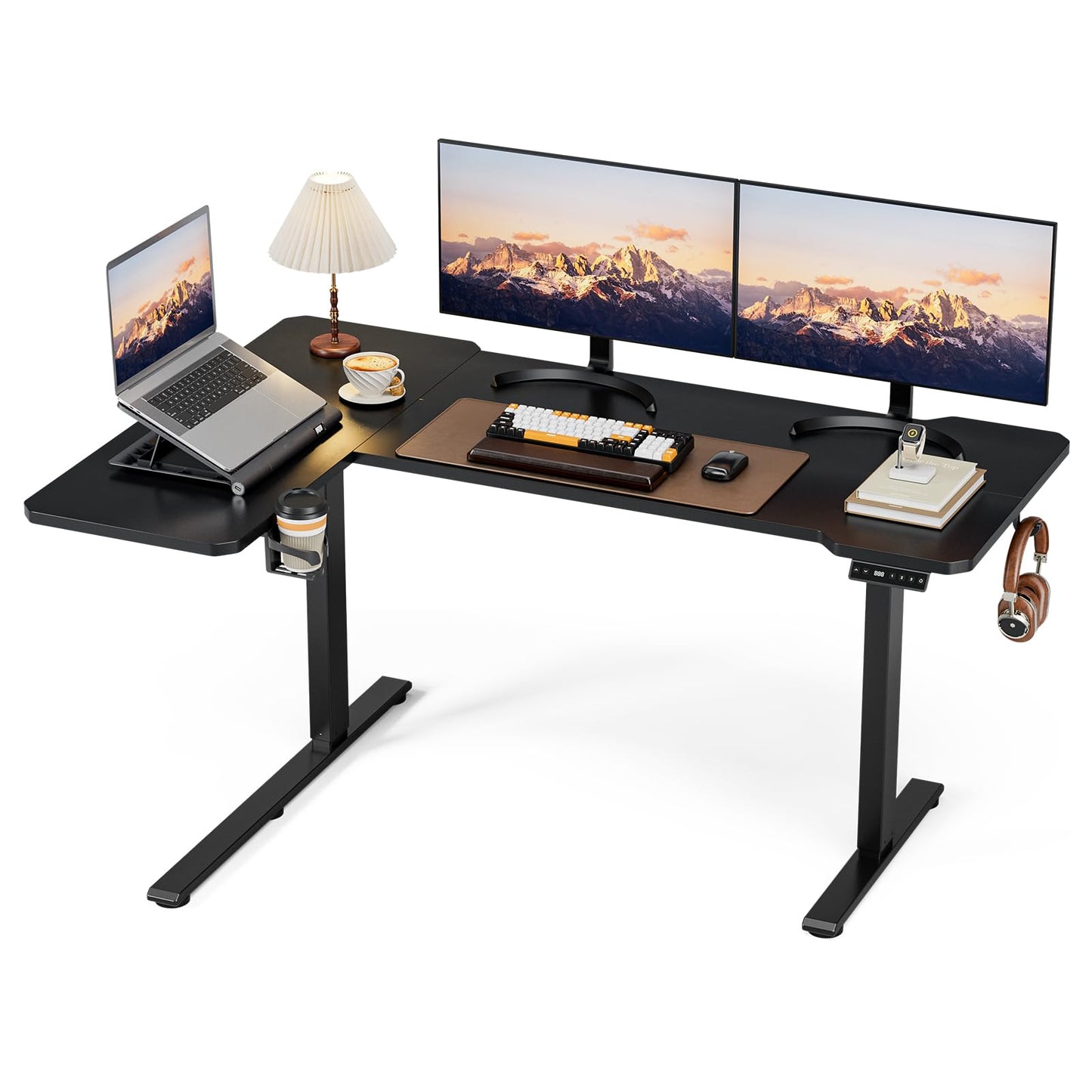 Acrolix L Shaped Electric Standing Desk - 59x40 Inch Reversible Corner Sit Stand Desk with Hook&Cup Holder,Electric Height Adjustable Table,for Home Office Gaming Computer Desk, Black