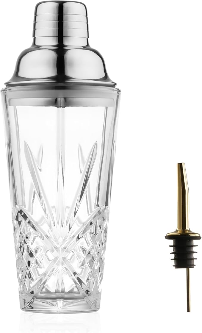 Fioance Glass Cocktail Shaker, 15oz Cutting Design - Exquisite Martini Shaker for Elevated Mixology. Perfect for Christma...