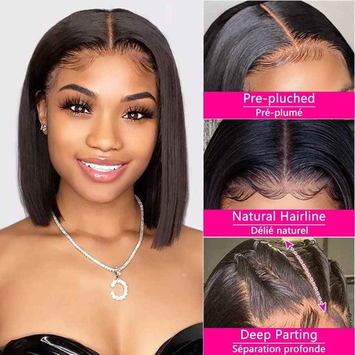 Qangelabeauty 14 inch Short Bob Wigs 13x4 Frontal Bob Transparent Lace Front Wigs Human Hair Pre Plucked Brazilian Virgin Hair Wigs for Black Women Natural Black