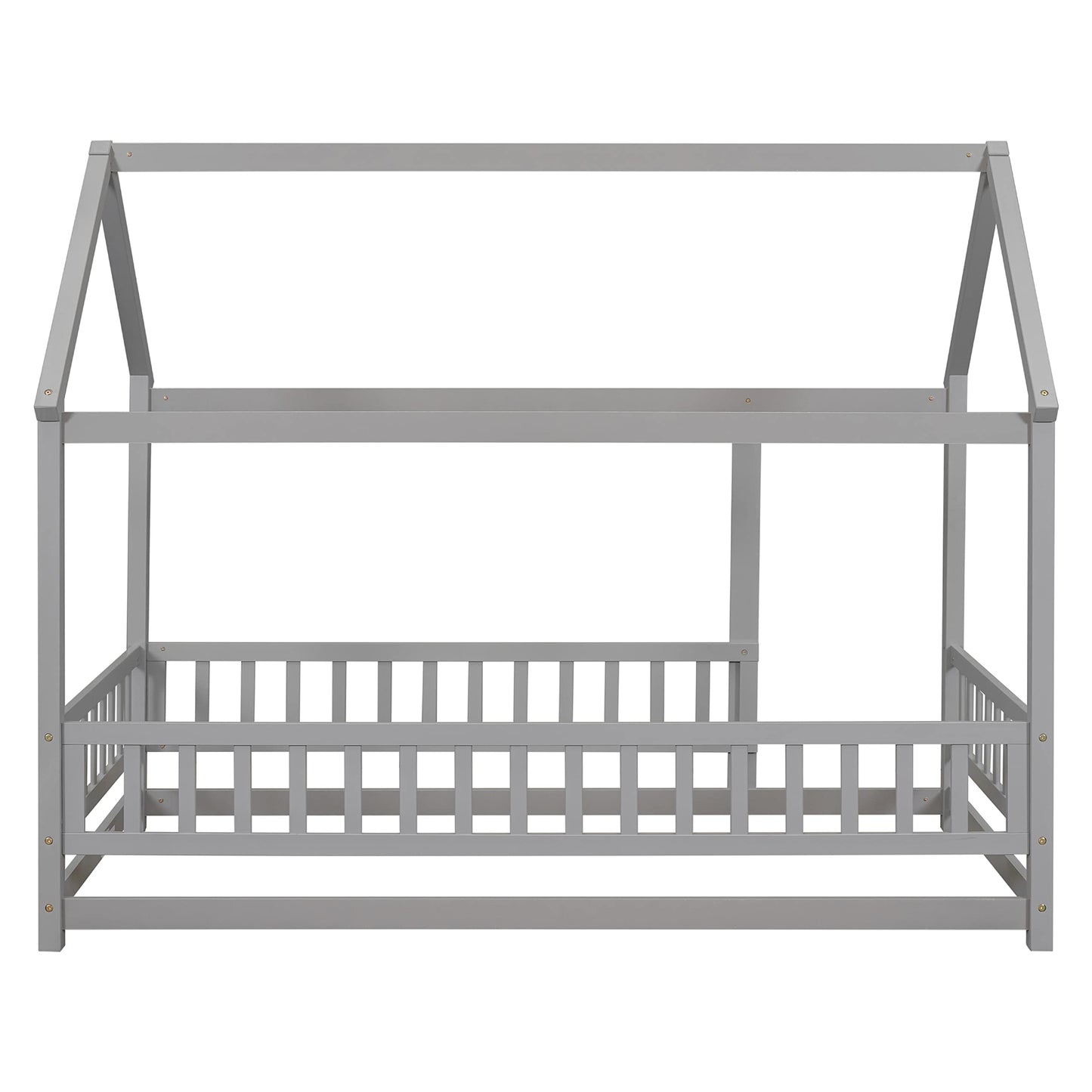 Bellemave Twin Size House Floor Bed Frame,Wooden Montessori Floor Bed with Fence for Kids,Twin Size Kids Bed,Gray