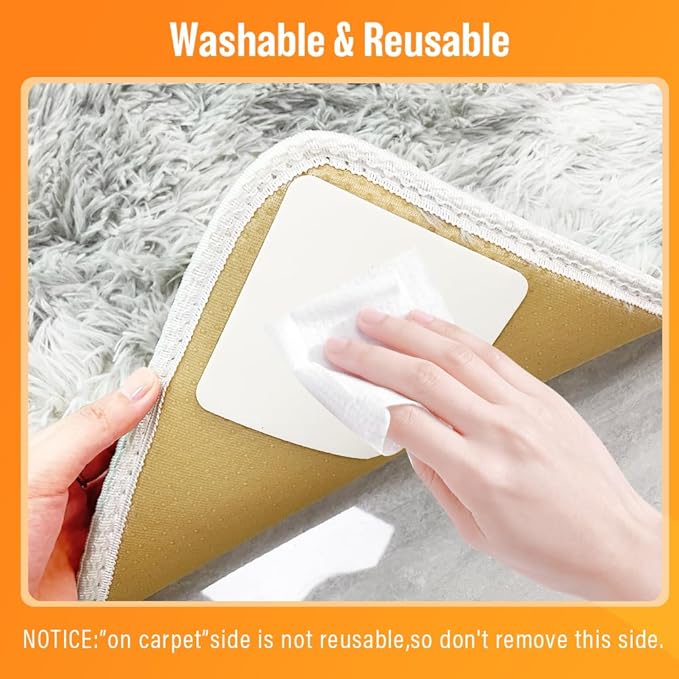 8 Pcs Rug Tape, Reusable Carpet Tape for Area Rugs，Non Slip Rug Pads Grippers for Hardwood Floors and Tiles, Double-Sided Adhesive Rug Stickers Keep Corners Flat, No Damage to Floor