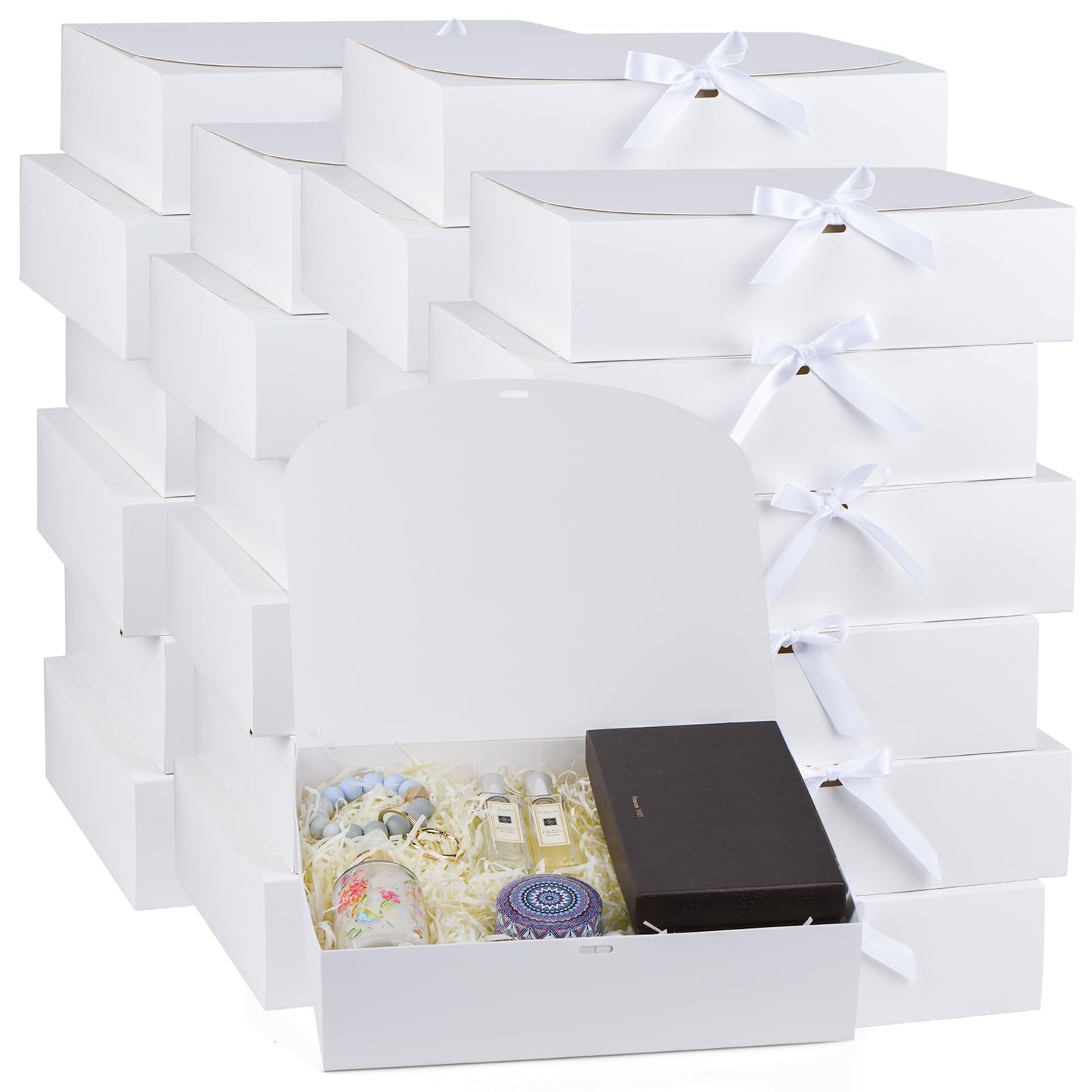24 Pack Gift Boxes with Lids, 12×9.8×3.1 Inch Groomsmen Proposal Box, Luxury Black Gift Box with Ribbon for Wedding, Packaging, Present, Birthday (White)