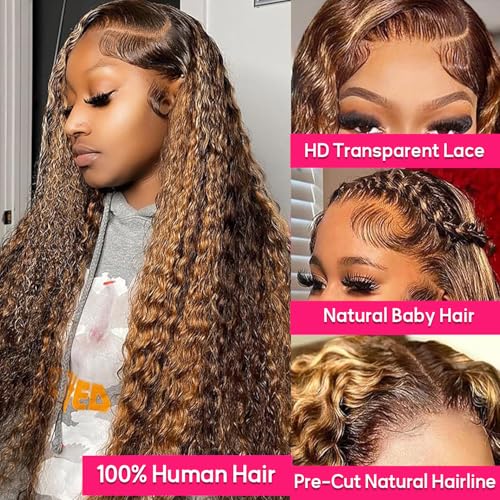 Juvid 200% Density 13x6 Highlight HD Lace Front Wig Human Hair Curly Human Hair Honey Blonde 4/27 Ombre Lace Frontal Pre Plucked Baby Hair 100% Virgin Hair Wigs for Black Women Deep Curl 18inch