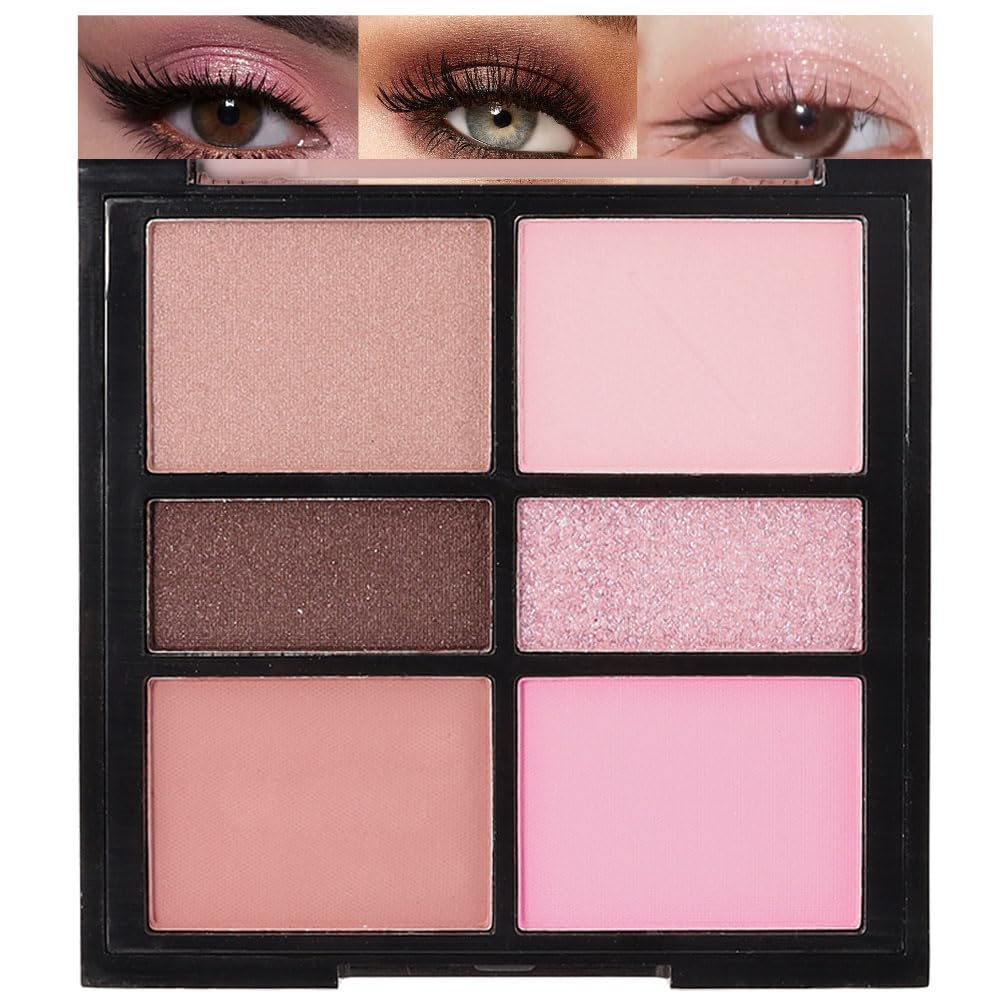 WanTuoluo 6-Color Pink Champange Brown Matte & Shimmer Eyeshadow Palette with Mirror - Highly Pigmented, Long-Lasting Eye Makeup